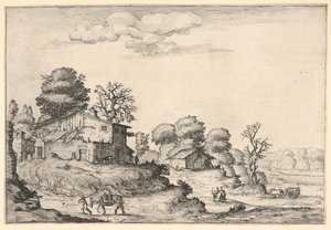 Krajobraz z domami chłopskimi i człowiekiem prowadzącym konia na lewym pierwszym planie, z ..., 1638 r.