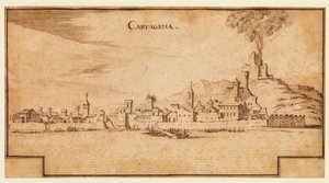 Widok Cartageny, Hiszpania, ok. 1642 (pióro i brązowy tusz na papierze, z brązowymi liniami obramowania na dole) autorstwa Ercole Frigoni Bazzicaluva