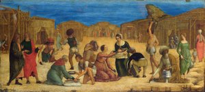 „„Zbieranie Manny na pustyni Synaj”” – Ercole Roberti (Ercole Ferrarese) (ok. 1450-1496) Izraelici zbierają Mannę Tempera na płótnie 1490 National Gallery, Londyn 28,9x63,5