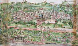 Mapa Jerozolimy z „Pielgrzymki do Ziemi Świętej” Bernharda von Breydenbacha (1440-97)