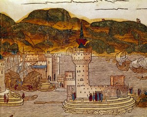 Widok portu Candie (dzisiejszy Heraklion) na Krecie Strona z Księgi podróży „”Peregrinatio in Terram Sanctam””” po pielgrzymce do Ziemi Świętej Bernarda de Breydenbach (Breidenbach) (1454-1497) ryciny autorstwa Erhard Re