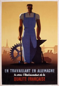 Francuski plakat propagandowy STO (organizacji pracy przymusowej utworzonej w 1943 r. podczas niemieckiej okupacji Francji) autorstwa Eric Castel