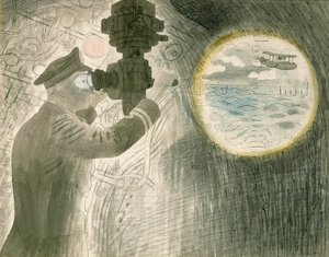 Oficer okrętu podwodnego spoglądający przez peryskop. Akwarela i ołówek na papierze autorstwa Eric Ravilious