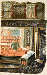 Baker and Confectioner, ilustracja z „High Street” J.M. Richardsa, wydrukowana przez Curwen Press, wyd. przez Życie na wsi, 1938 autorstwa Eric Ravilious