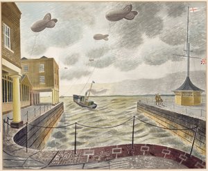 Balony zaporowe przed portem brytyjskim (ołówek i akwarela na papierze) autorstwa Eric Ravilious