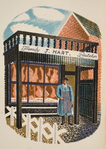 Family Butcher, ilustracja z "High Street" J.M. Richardsa, wydrukowana przez Curwen Press, opublikowana przez Country Life, 1938. autorstwa Eric Ravilious