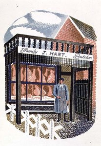 The Butchers Shop, wydrukowany przez Curwen Press, z High Street, J.M. Richards, opublikowany przez Country Life, 1938 (zestaw 24) autorstwa Eric Ravilious