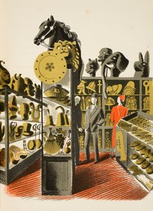 Wypożyczalnia kostiumów teatralnych i rekwizytów, ilustracja z „High Street” J.M. Richardsa, wydrukowana przez Curwen Press, wyd. przez Życie na wsi, 1938 autorstwa Eric Ravilious