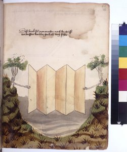 Cała strona: most z przeciwwagą, ok. 1430 r. (rysunek kolorowym piórem) autorstwa Erich Lessing