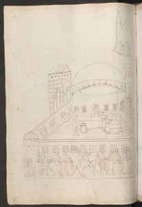 Rysunek piórkiem: wewnętrzny dziedziniec meczetu