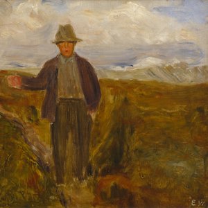 Mężczyzna z górą Smiubelgen i Rondane z tyłu autorstwa Erik Theodor Werenskiold