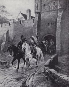Oliver Cromwell ze swoją armią w Bootham Bar, York, gdy Karol II próbował odzyskać tron w 1650 (litografia) autorstwa Ernest (after) Crofts