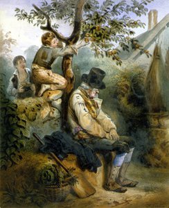 Dzieci kradnące jabłka pod nosem śpiącego rolnika - litografia Greniera, v.1840 autorstwa Ernest (after) Grenier