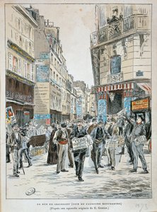 Francja, Paryż, sprzedawca gazet w rue du Croissant na rogu rue du Faubourg Montmartre w Paryżu przez Ernesta Greniera, druk z akwareli autorstwa Ernest (after) Grenier