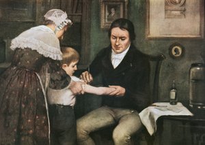 Dr Edward Jenner (1749-1823) wykonujący swoje pierwsze szczepienie przeciwko ospie na Jamesie Phippsie, ośmioletnim chłopcu, 14 maja