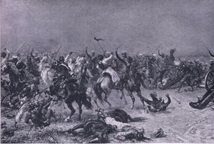 Szarża Kings Own Light Dragons w Mudkach, ilustracja z brytyjskich bitew na lądzie i morzu, 1915 autorstwa Ernest Crofts