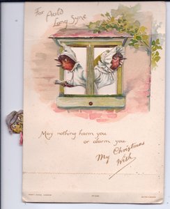 Wiktoriańska kartka świąteczna przedstawiająca dwóch złodziei w nocnych ubraniach wyglądających przez okno na alarm, ok. 1880 r. autorstwa Ernest Henry Griset