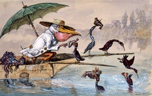Kormorany prezentujące ryby pelikanowi w łódce pod parasolem, c1864-1907 autorstwa Ernest Henry Griset
