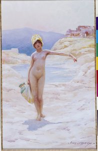 Algierski dziewczyna ma dzbanek A naga dziewczyna ubrana w kapelusz ubrana w dzbanek wody w pobli?u ?ród?a wody oazy na pustyni. Akwarela Louisa Ernesta Lessieux (1874-1925) Obowiązkowa wzmianka: Collection fondation faith de Provence, Marseille autorstwa Ernest Louis Lessieux