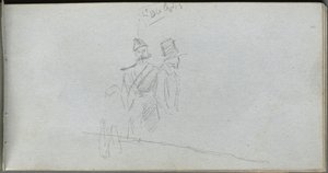 Szkicownik, strona 38: Studium żołnierza i postaci w cylindrze. autorstwa Jean Louis Ernest Meissonier