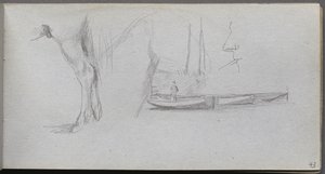 Szkicownik, strona 43: Studia: Noga konia, Postać w łodzi i Profil. autorstwa Jean Louis Ernest Meissonier