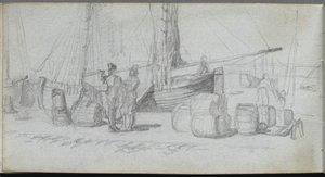 Szkicownik, strona 50: Łodzie, figurki, ładunek na plaży. autorstwa Jean Louis Ernest Meissonier