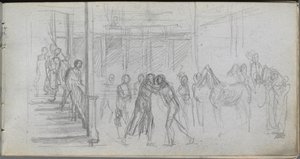 Szkicownik, strona 62: Studium postaci, schody, koń. autorstwa Jean Louis Ernest Meissonier