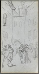 Szkicownik, strona 63: Postacie na dziedzińcu. autorstwa Jean Louis Ernest Meissonier