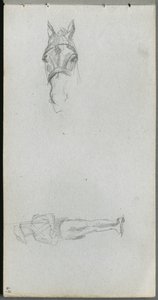Szkicownik, strona 69: Studium ręki, konia i figury. autorstwa Jean Louis Ernest Meissonier