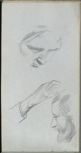 Szkicownik, strona 70: Studium dwóch twarzy i ręki. autorstwa Jean Louis Ernest Meissonier