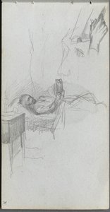 Szkicownik, strona 71: Studium czytania postaci w łóżku, Studium ręki. autorstwa Jean Louis Ernest Meissonier