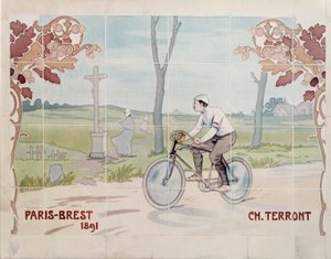 Charles Terront wziął udział w pierwszym długodystansowym wyścigu kolarskim w 1891 roku na trasie Paryż-Brześć. autorstwa Ernest Montaut