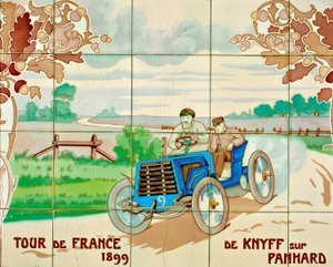 De Knyff jadący samochodem Panhard w Tour de France w 1899 roku: płytki ceramiczne wyprodukowane przez Gilardoni Fils et Cie z Paryża, według rysunku Ernesta Montauta (1878-1909). autorstwa Ernest Montaut