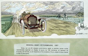 Wyścig samochodowy: Moskwa - Petersburg, ok. 1900 r. - rysunek Ernesta Montauta (1878-1909).