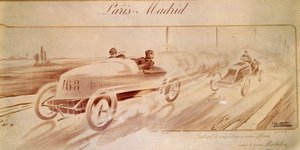 Wyścigi samochodowe: „Paris Madrid”: zwycięzca Gabriela na Morsie wyposażonym w opony Michelin „” Ilustracja 1903 autorstwa Ernest Montaut