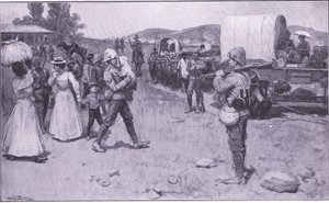 Brytyjscy żołnierze asystujący uchodźcom burskim, ilustracja z filmu After Pretoria: The Guerilla War, 1902 autorstwa Ernest Prater