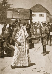 Przewoźnicy startujący z Cape Coast Castle dla Kumassi, ilustracja z „Bitwy XIX wieku: tom. VII, Wojna Ashanti z 1900 r. Archibald Forbes, G.A. Henty i major Arthur Griffith autorstwa Ernest Prater