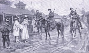 Kozacy zbierają informacje od koreańskiego jeńca, ilustracja z Cassells History of the rosyjsko-japońskiej wojny t. 1, ok. 1900 autorstwa Ernest Prater