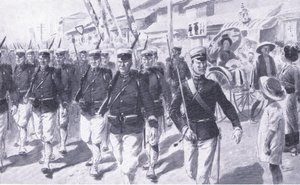 Japoński marsz przez Tokio, ilustracja z Historii wojny rosyjsko-japońskiej w Cassells, t. 1, ok. 1900 autorstwa Ernest Prater