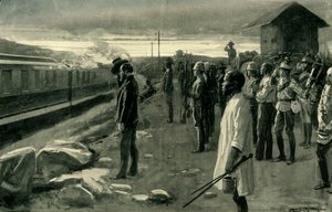 „Pociąg przewożący szczątki pana Rhodesa pozdrawiany przez strażników bloku”, 1902. autorstwa Ernest Prater