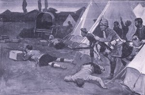 Atak na brytyjski obóz na rynku Jacobsdal, ilustracja z filmu After Pretoria: The Guerilla War, 1902 autorstwa Ernest Prater