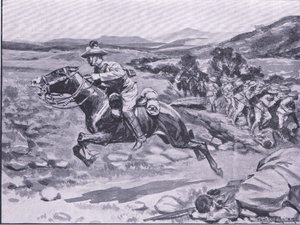 Schwytanie ochroniarza: brawurowy najazd porucznika Batemansa, ilustracja z filmu After Pretoria: The Guerilla War, 1902 autorstwa Ernest Prater