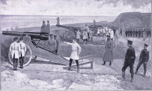 Inwestycja Port Arthur. W jednym z portów strzegących rosyjskiego portu, ilustracja z Cassells Historia wojny rosyjsko-japońskiej t. 1, ok. 1900 autorstwa Ernest Prater