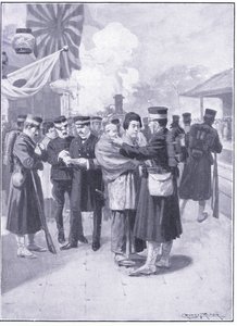 Żołnierze opuszczają Tokio, ilustracja z Cassells History of the rosyjsko-japońskiej wojny t. 1, ok. 1900 autorstwa Ernest Prater