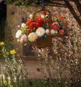 Wiszący kosz. Kosz z kwiatami wiszący przy wejściu do wiejskiego domu. Obraz Ernesta Quosta (1844-1931 Francja) Kolekcja prywatna autorstwa Ernest Quost