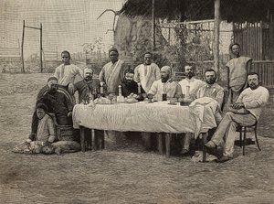 Bankiet społeczeństwa przeciw niewolnictwu w konsulacie włoskim w Boma, Demokratyczna Republika Konga, rycina Ernesto Mancastropa z fotografii Giuseppe Corona, z L