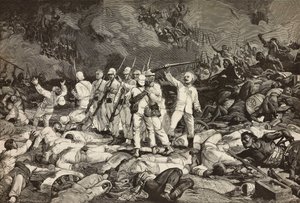 Bitwa pod Dogali, ostatni ocalały prezentujący broń, pozdrawiając poległych, Wojna erytrejska, rycina Ernesto Mancastroppa i Cantagalli z rysunku i kompozycji Ludovica Pogliaghiego, z L