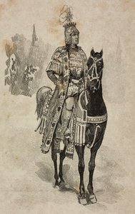 Książę Aosty Emanuele Filiberto Sabaudii w stroju Umberto Biancamano na turnieju w Villa Borghese z okazji srebrnego ślubu Umberto I i Małgorzaty Sabaudzkiej, Rzym, Włochy