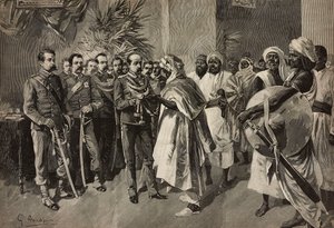 Generał Tancredi Saletta ofiarowujący miecz Kantibai, wodzowi Abab, Massawa, wojna erytrejska, rycina Ernesto Mancastroppy z rysunku G Amato, z L