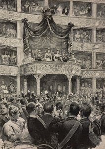 Umberto I i Małgorzata Sabaudii w towarzystwie władców Niemiec w Teatro Argentina z okazji srebrnych uroczystości weselnych, 21 kwietnia